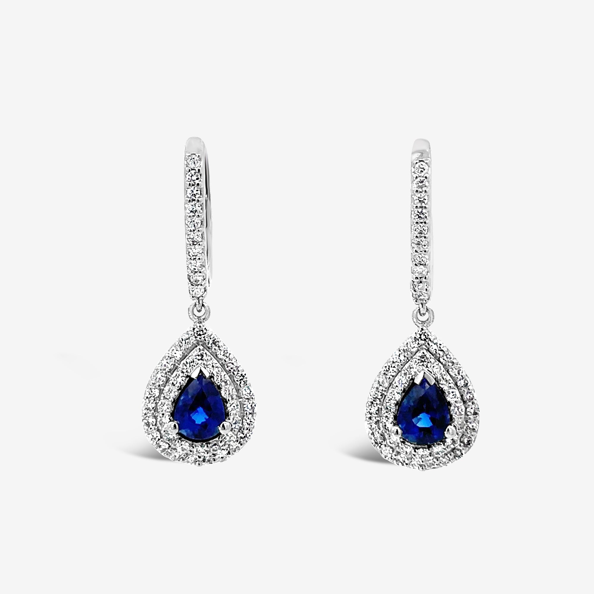 sapphire and diamond double halo dangle earrings