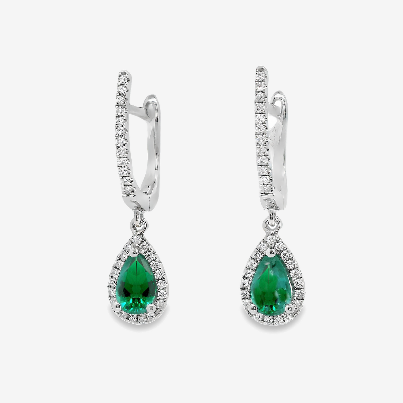 Single Drop Pear Emerald & Diamond Halo Earrings