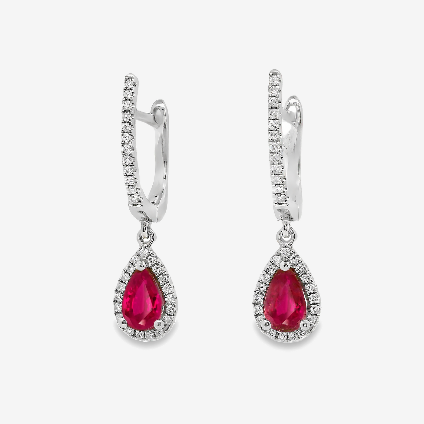 Single Drop Pear Ruby & Diamond Halo Earrings