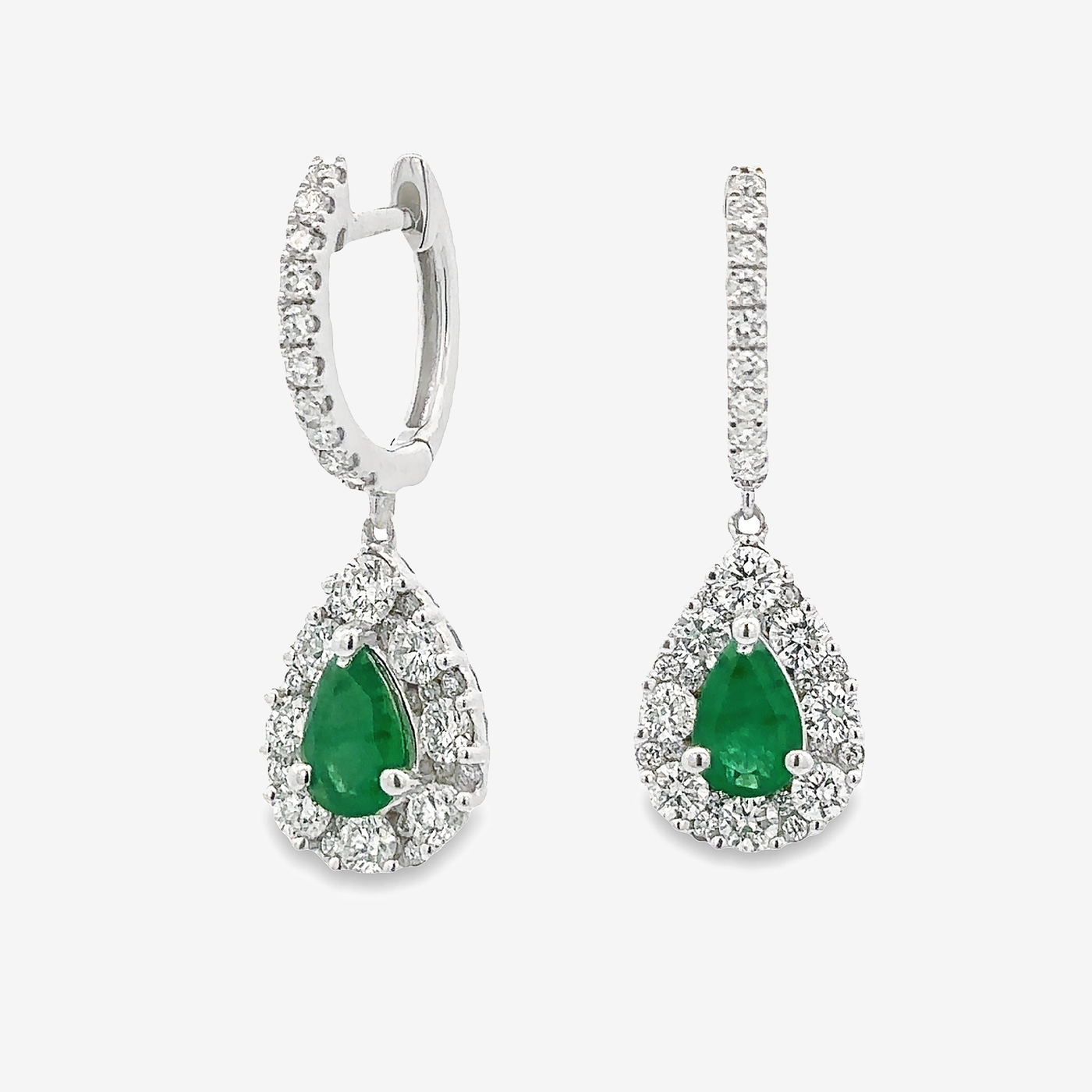 Single Drop Pear Emerald & Diamond Halo Earrings