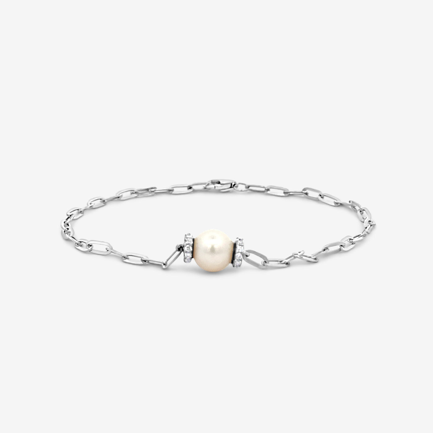 single pearl and diamond paperclip bracelet