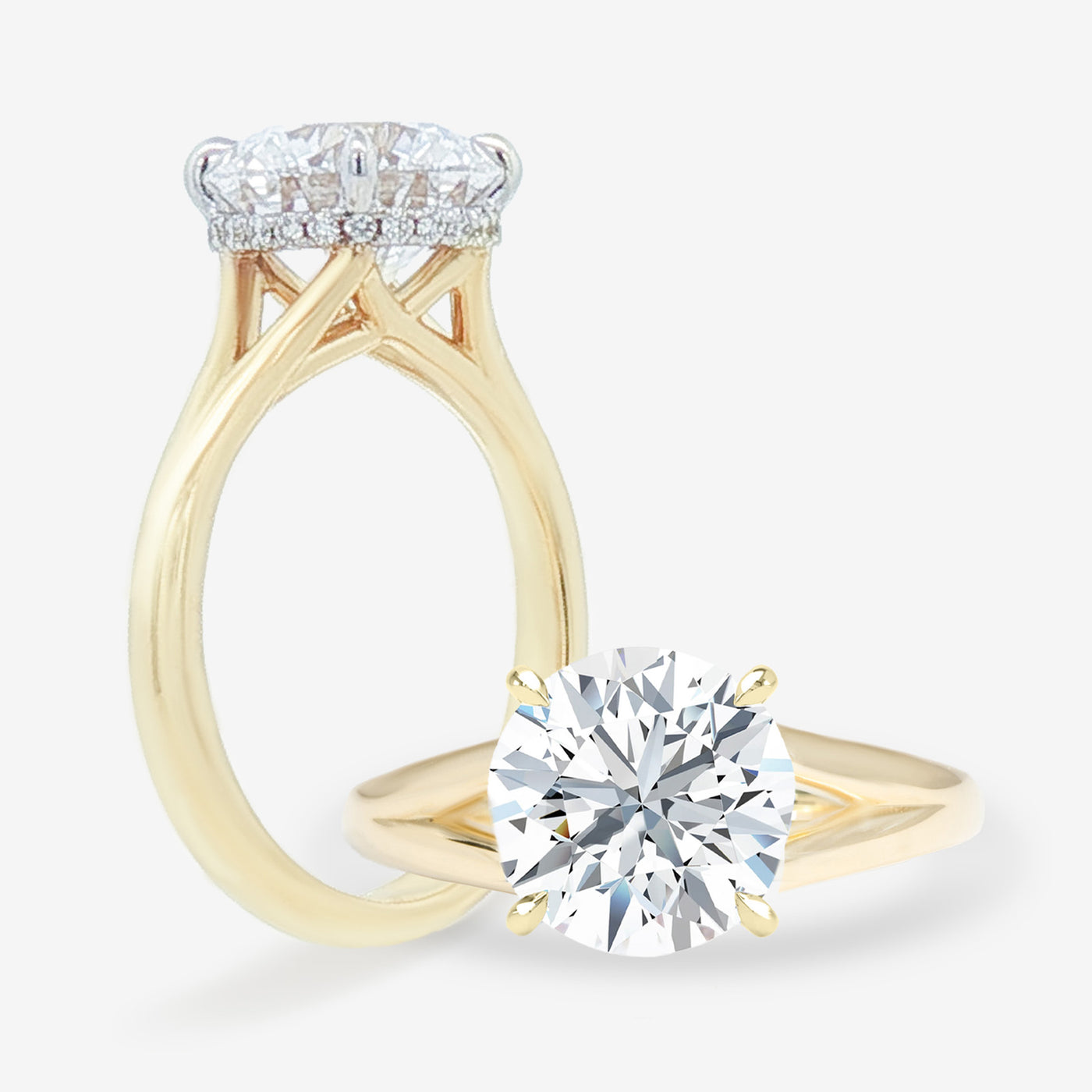 Splits Cathedral Y - Criss Cross - Hidden Halo - Round Engagement Ring