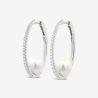 suspended pearl and diamond white gold hoop earrings