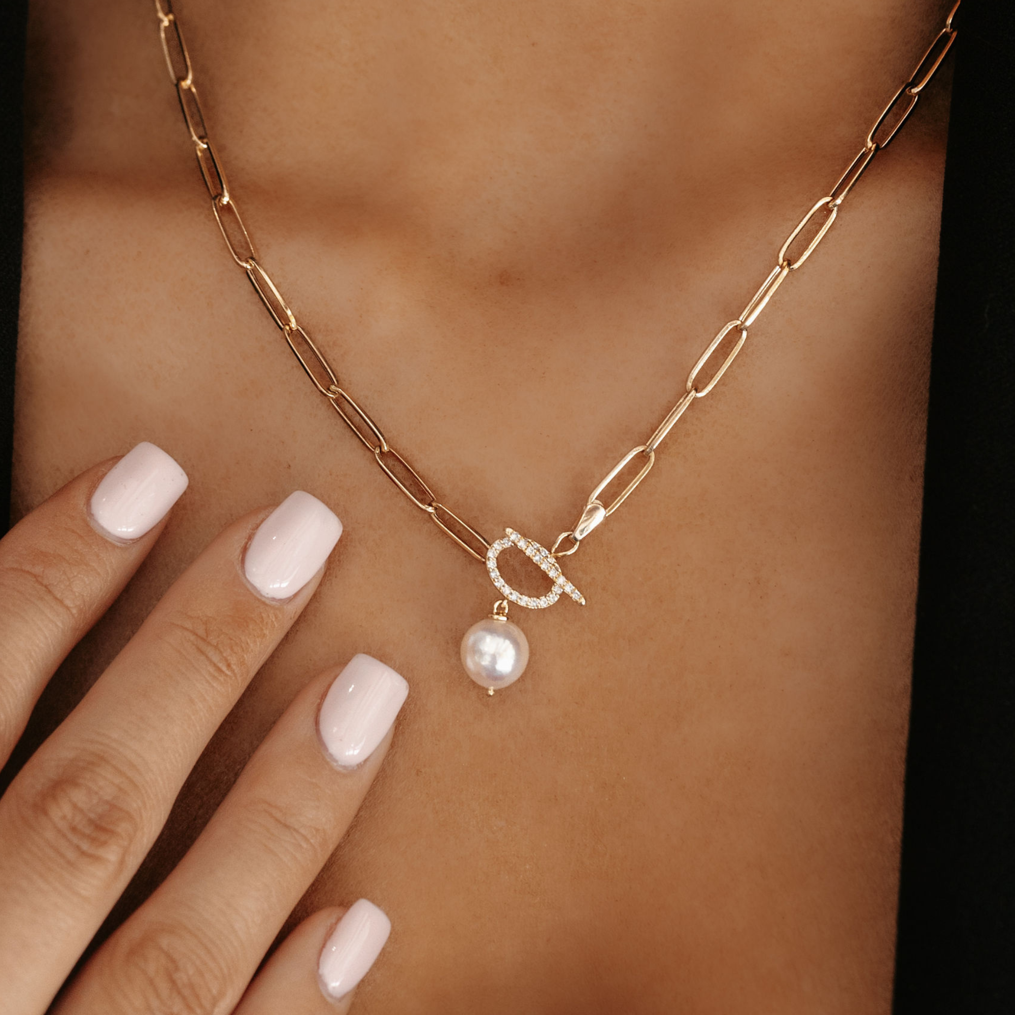 diamond toggle pearl and paperclip link necklace
