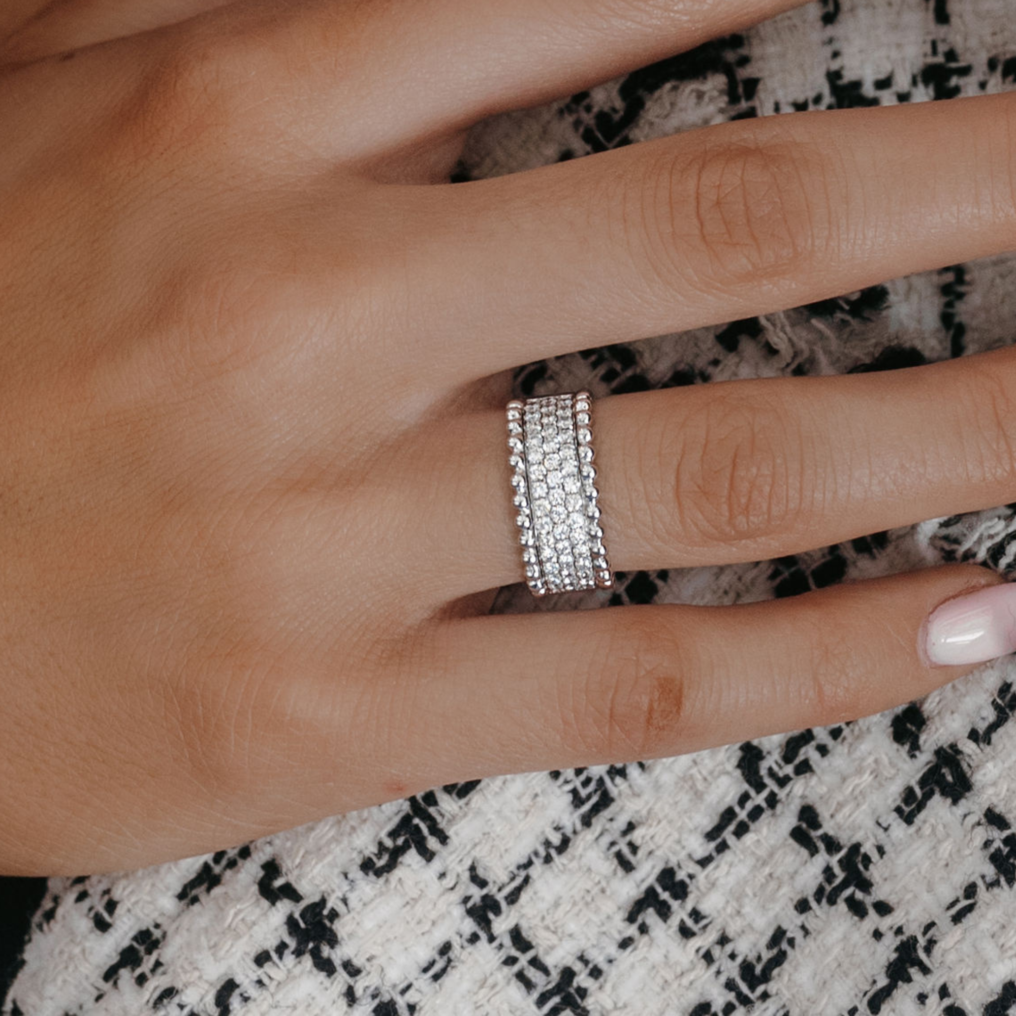 white gold diamond and bead ring