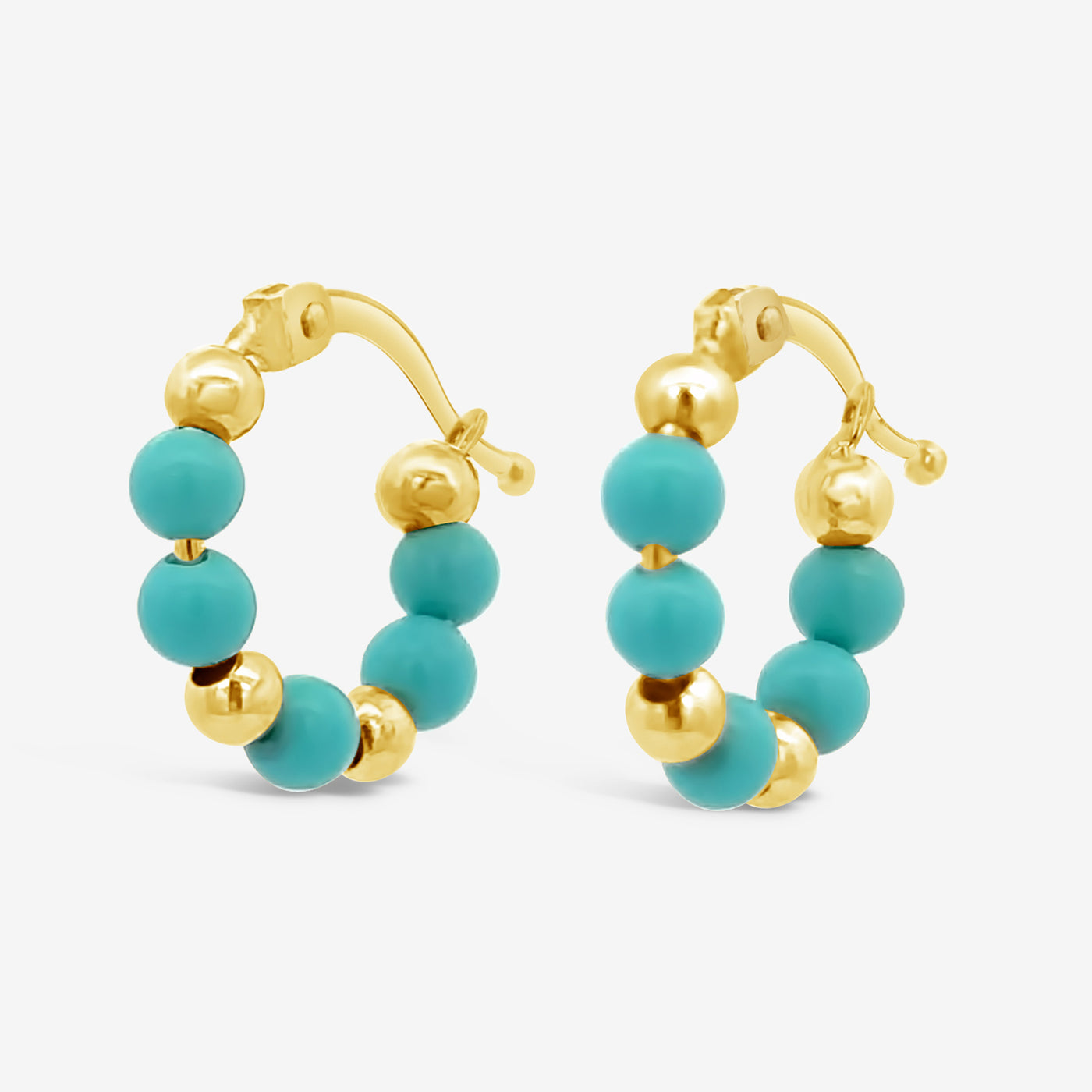 turquoise and gold bead huggie earrings