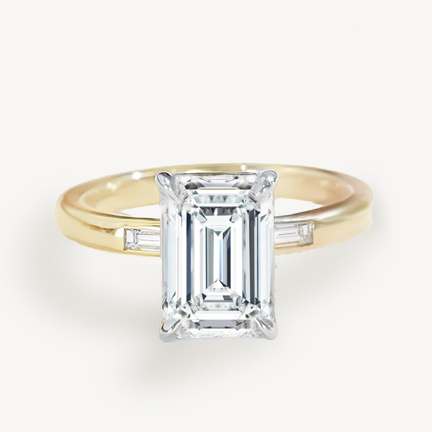 Unique 3 Stone - Inset Baguette Sides - Emerald Cut Engagement Ring