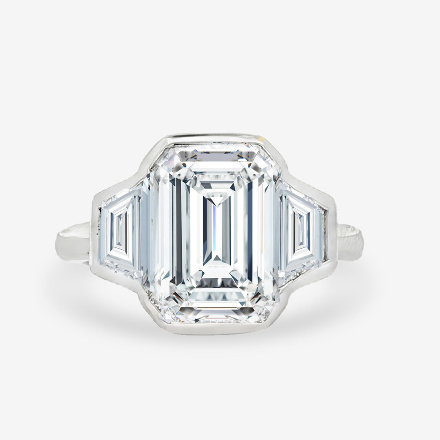 Bezel 3 Stone - Trapezoid Sides - Emerald Cut Engagement Ring