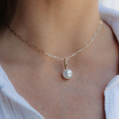 pearl drop pendant on a paperclip gold chain