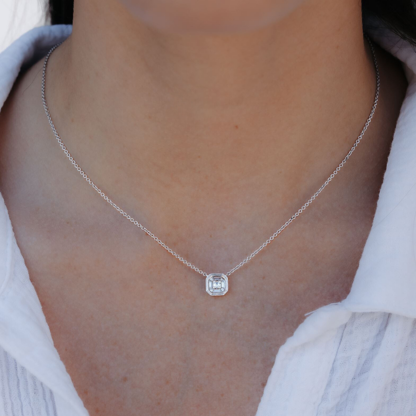 Asscher cut diamond solitaire necklace