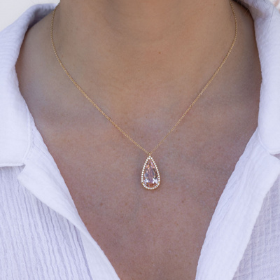 pink gemstone and diamond halo necklace