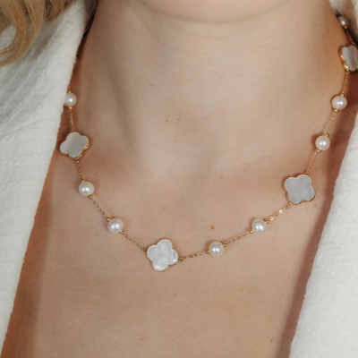 White MOP Floral Stations & Pearl Necklace