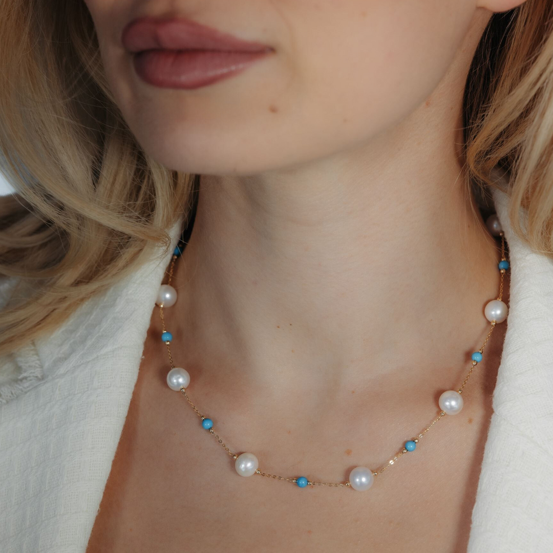 8-8.5MM Pearl & Turquoise Station Necklace – Mavilo