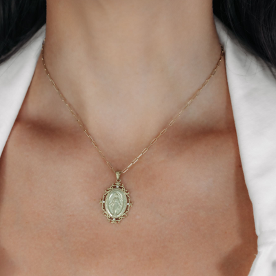 24mm Miraculous Medal Diamond Scroll Necklace