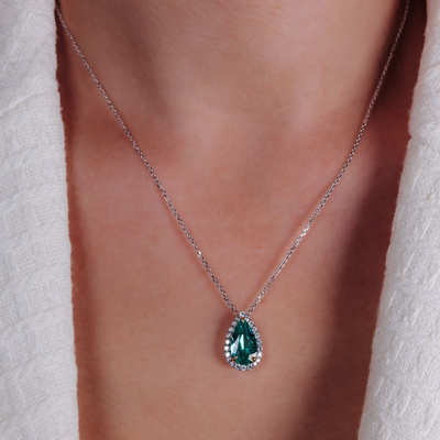 2.01CT Pear Shaped Emerald & Diamond Halo Necklace