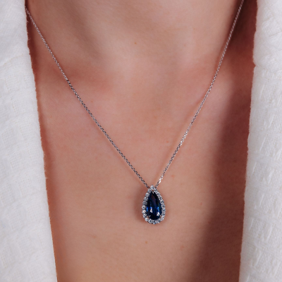 3.03CT Pear Shaped Sapphire & Diamond Halo Necklace