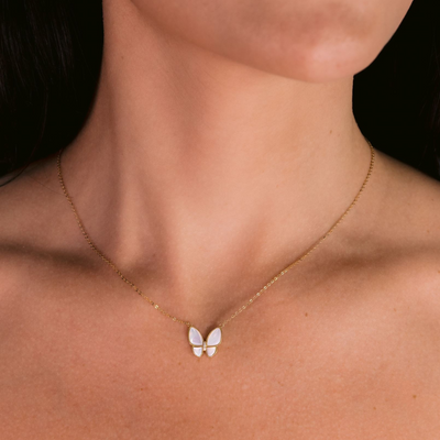 White MOP & Diamond Butterfly Necklace