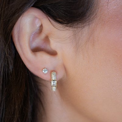 Emerald Cut Pave Diamond U Hoop Huggie Earrings