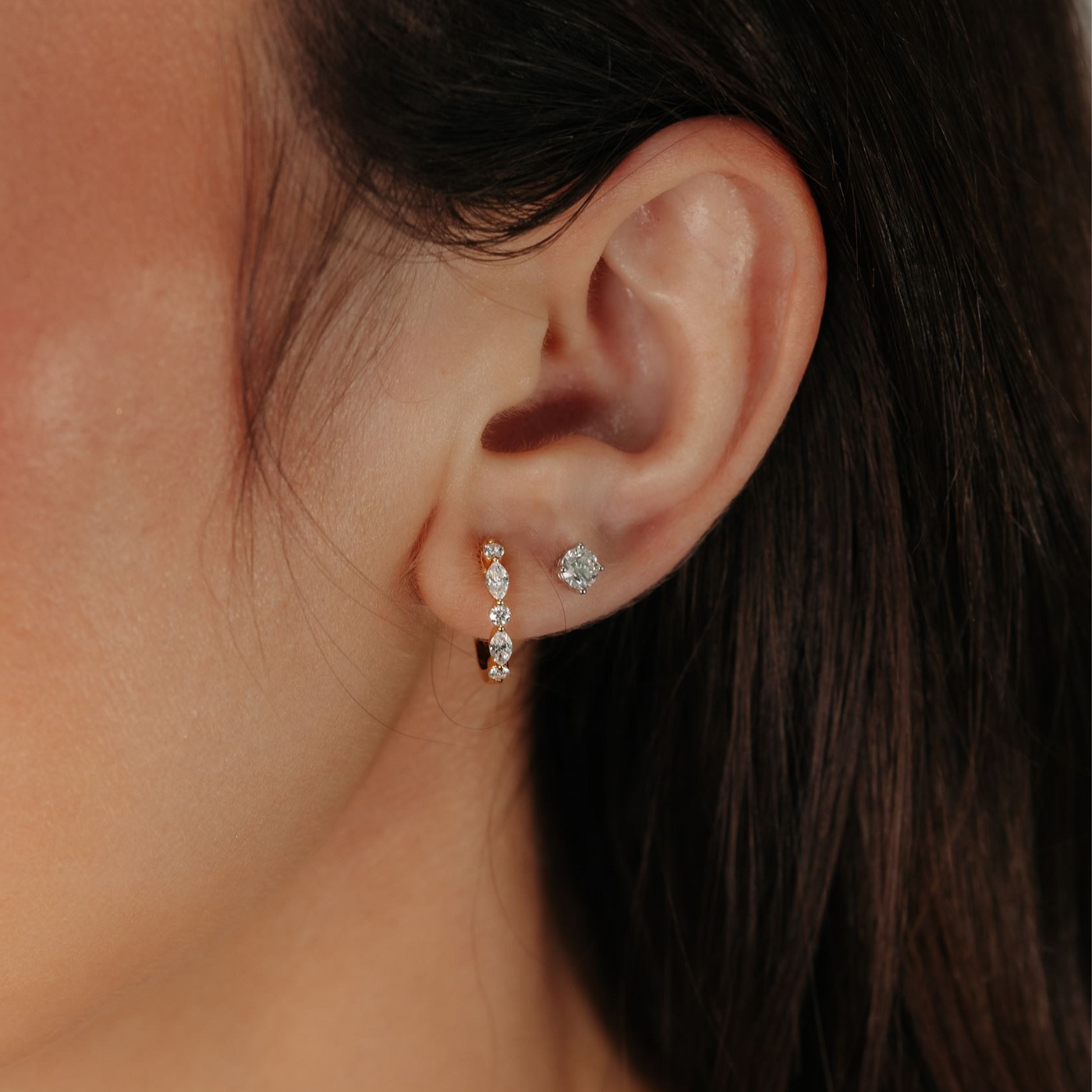 Marquise & Round Diamond Pinpoint Huggie Earrings