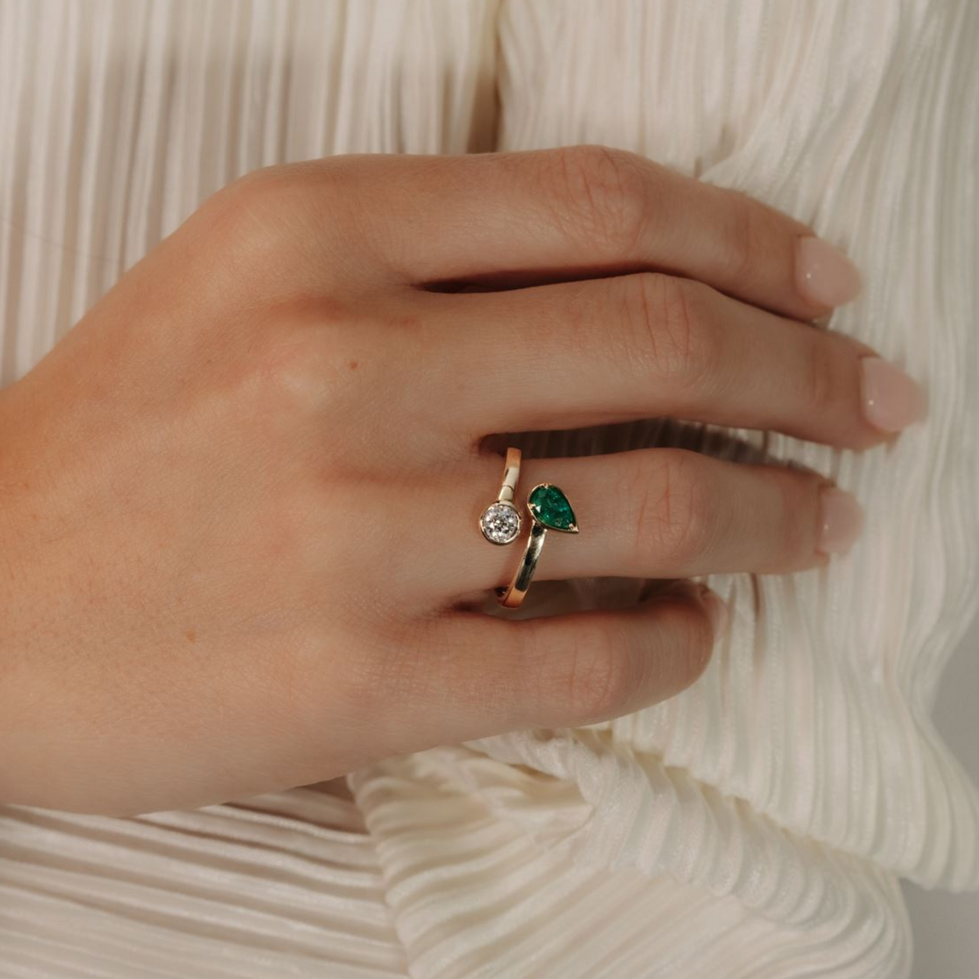 Pear Shaped Emerald & Round Diamond Bypass Ring