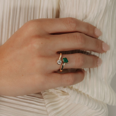 Pear Shaped Emerald & Round Diamond Bypass Ring