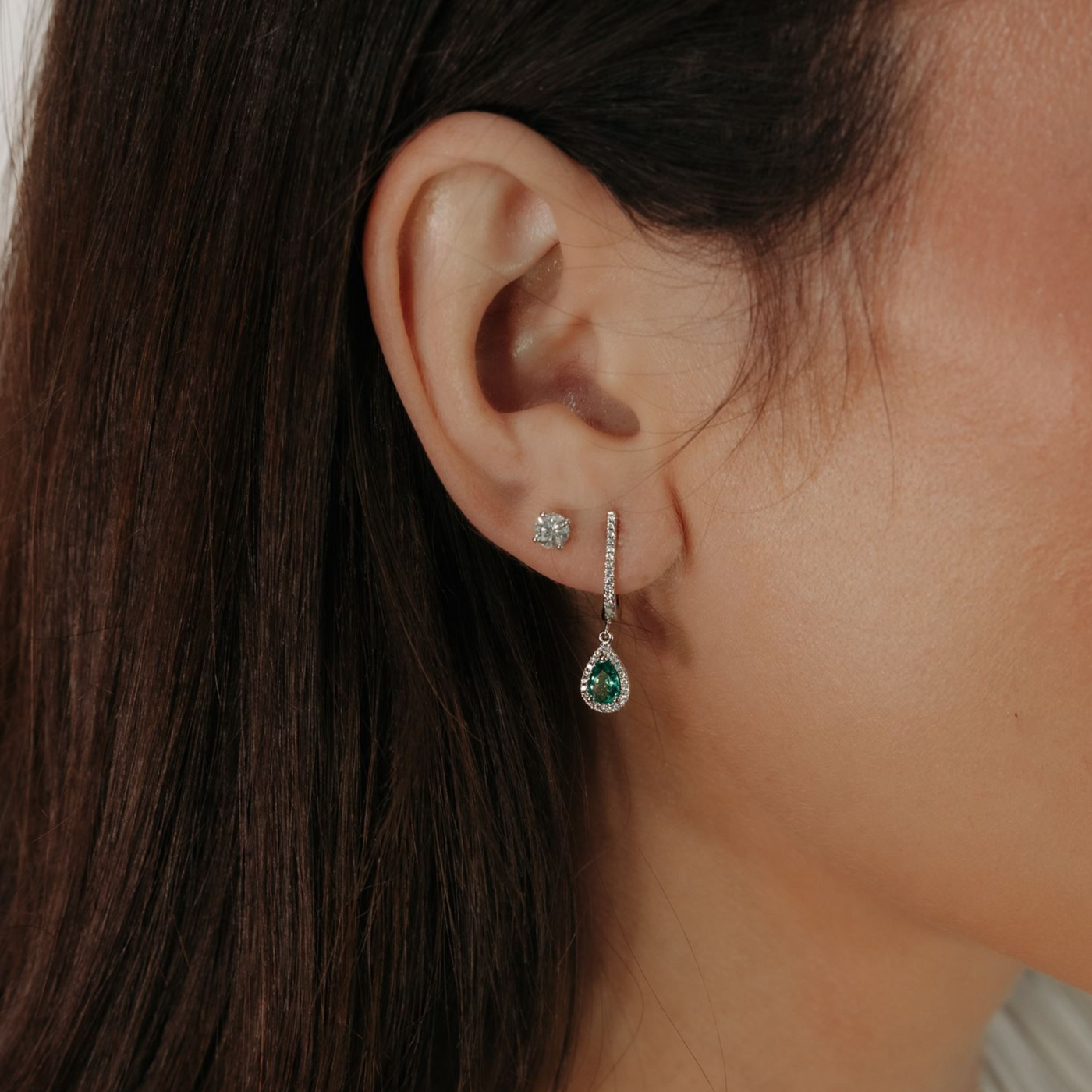 Single Drop Pear Emerald & Diamond Halo Earrings