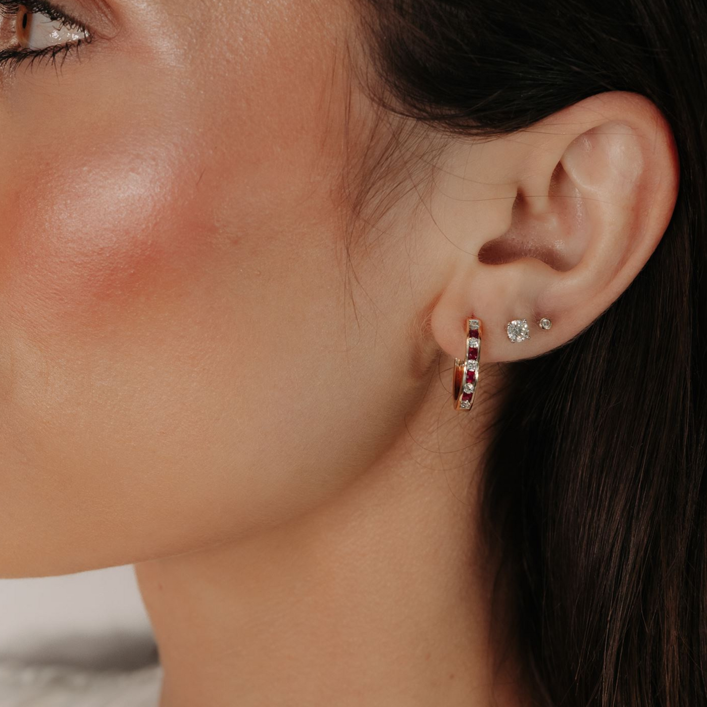 Channel Set Ruby & Diamond Hoop Earrings