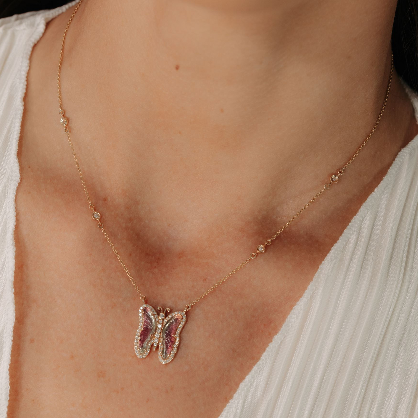 Watermelon Tourmaline & Diamond Butterfly Necklace