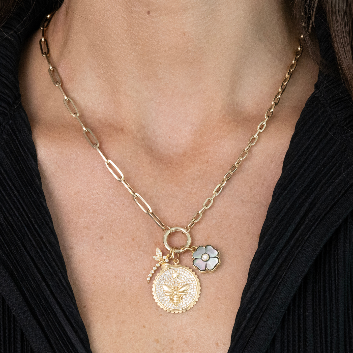 Black MOP & Diamond Flower Charm