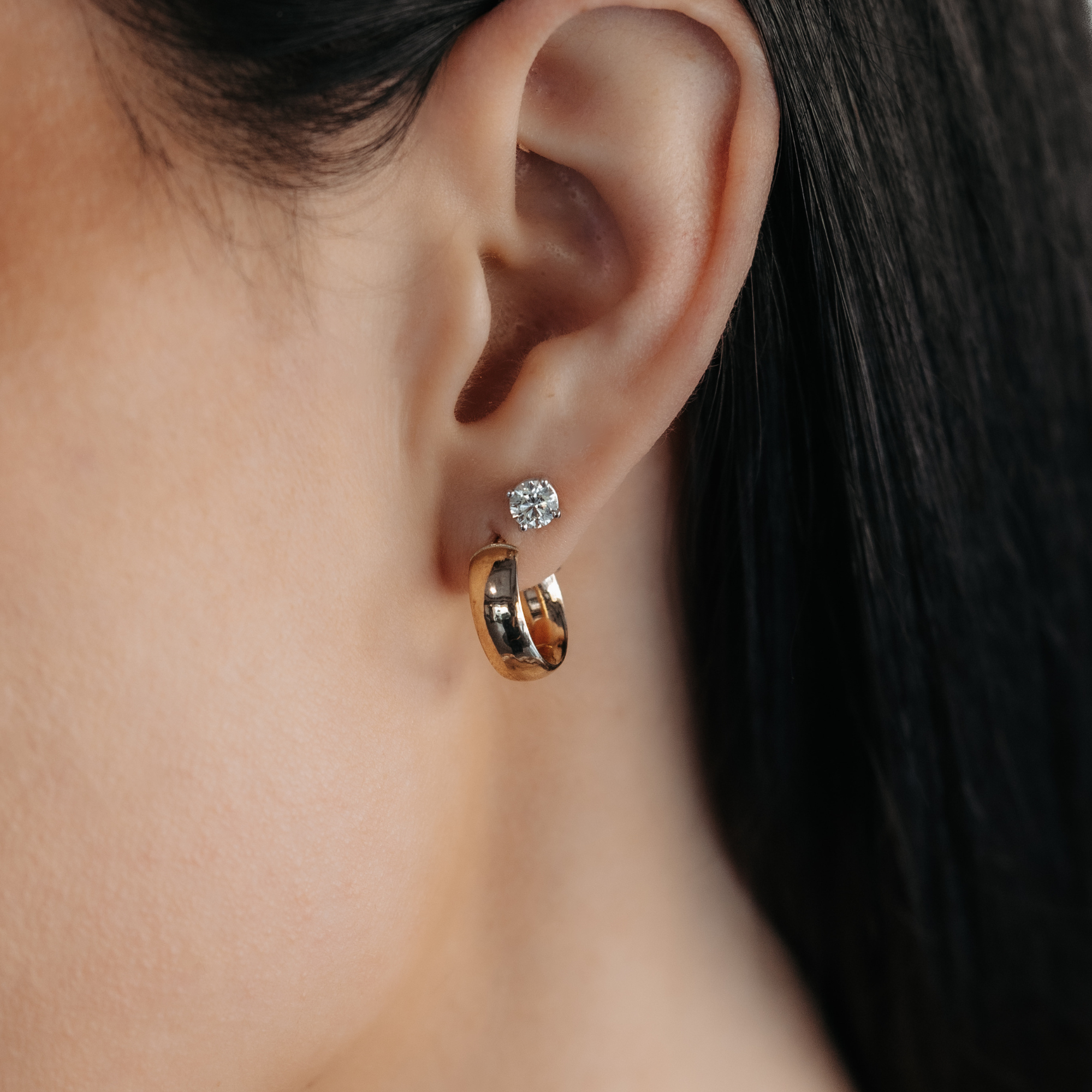 diamond stud and gold huggie earrings