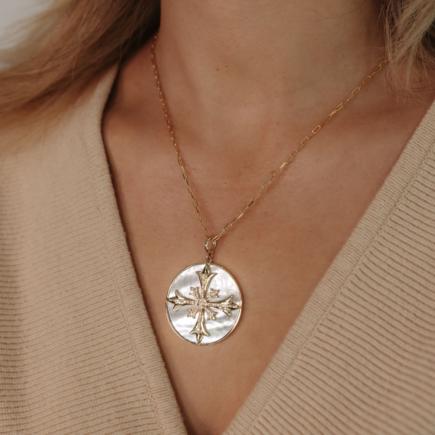 Mother of Pearl & Diamond Maltese Cross Charm