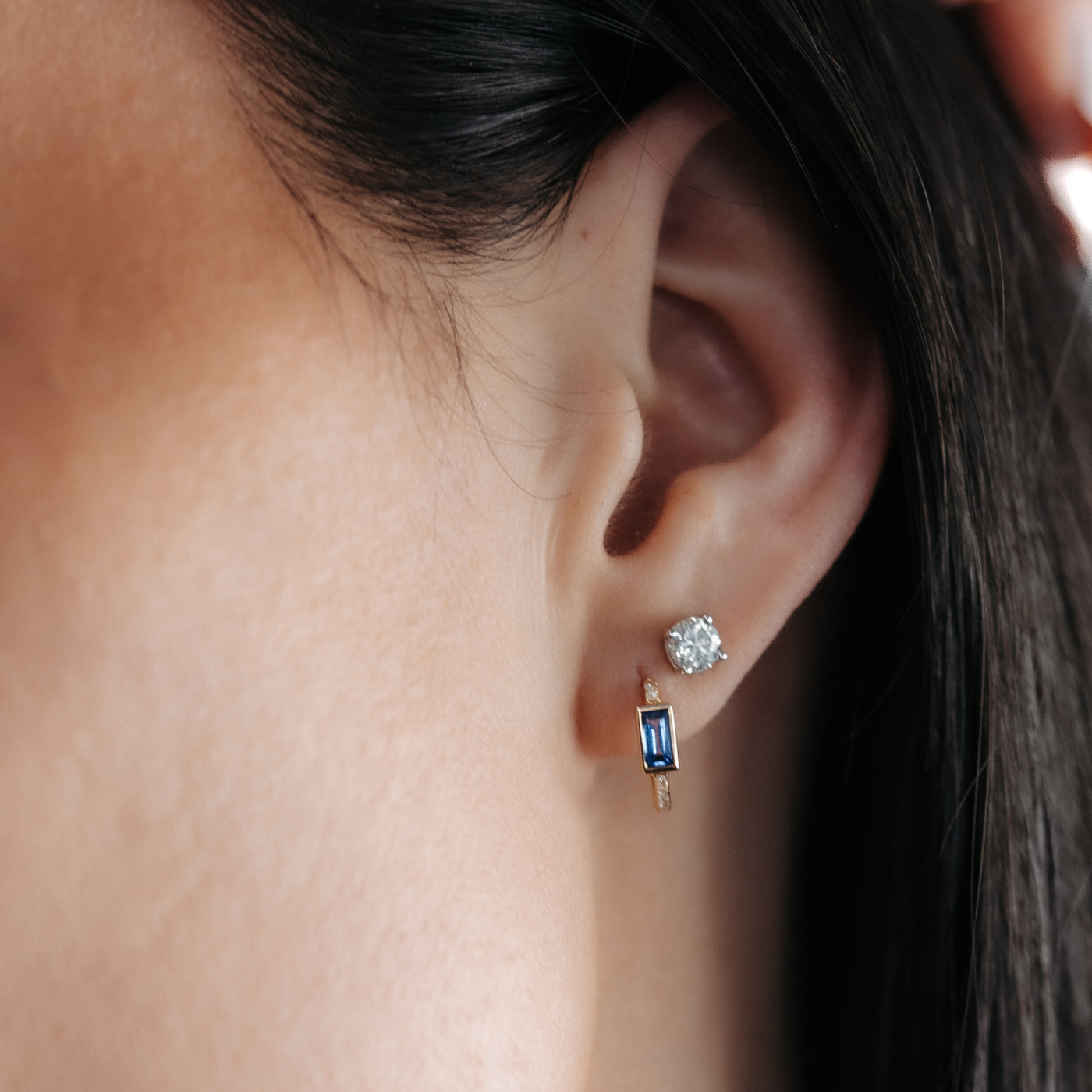 Bezel Set Blue Sapphire & Diamond Huggie Earrings