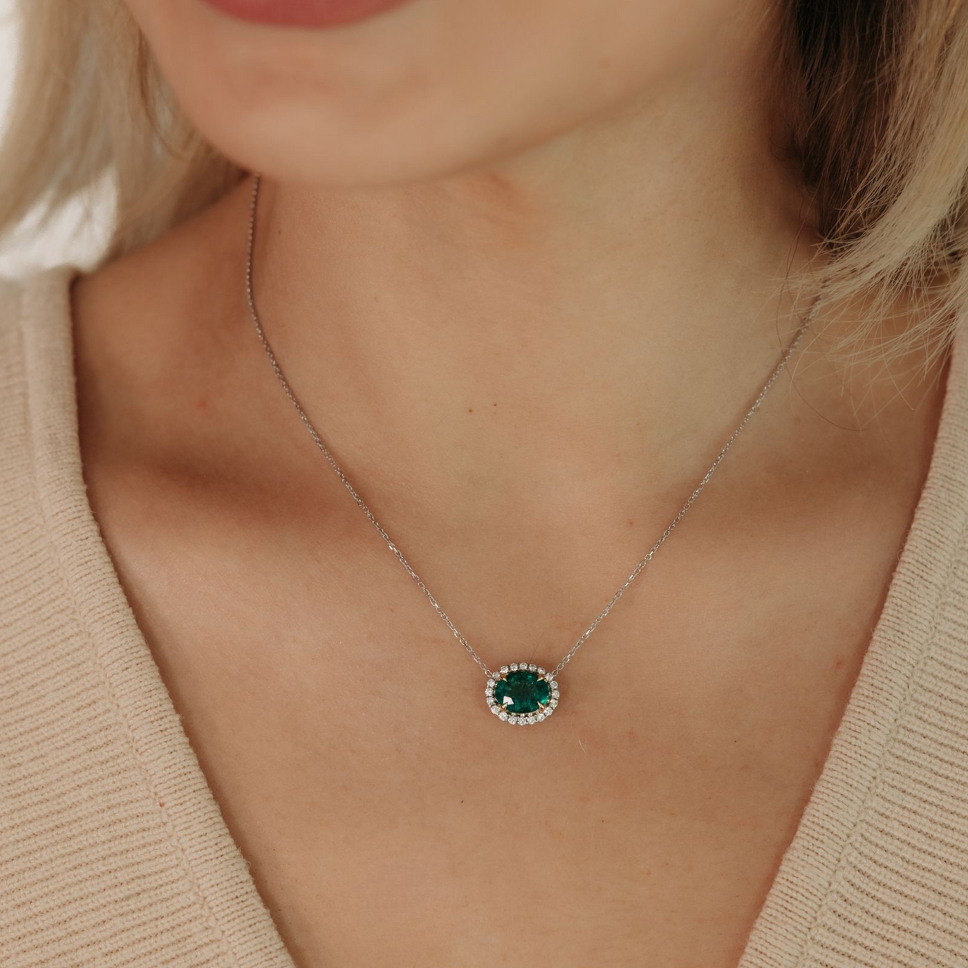 2.31CT Oval Emerald and Diamond Halo Necklace