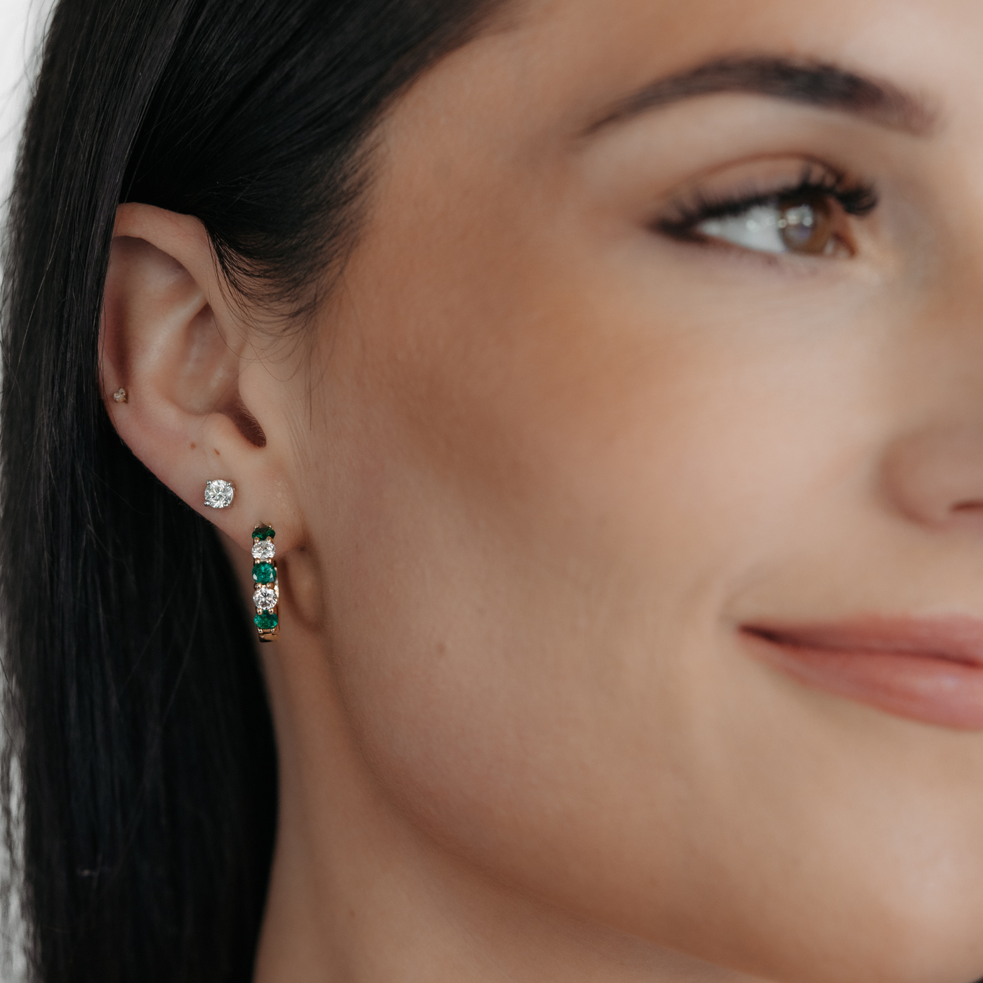 Emerald & Diamond Small Hoop Earrings