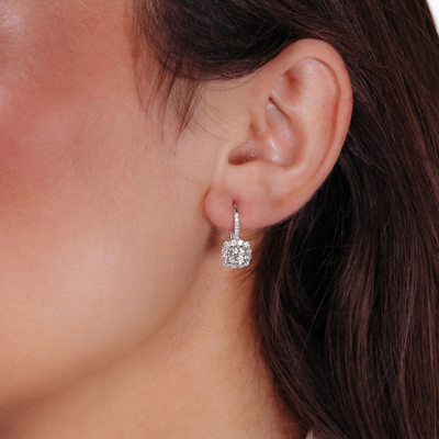 French Wire Solitaire Cushion Shaped Halo Earrings