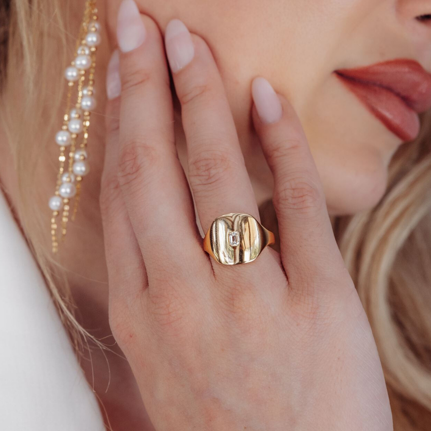 Inlay Emerald Cut Diamond Signet Ring