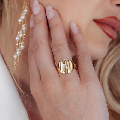 Inlay Emerald Cut Diamond Signet Ring