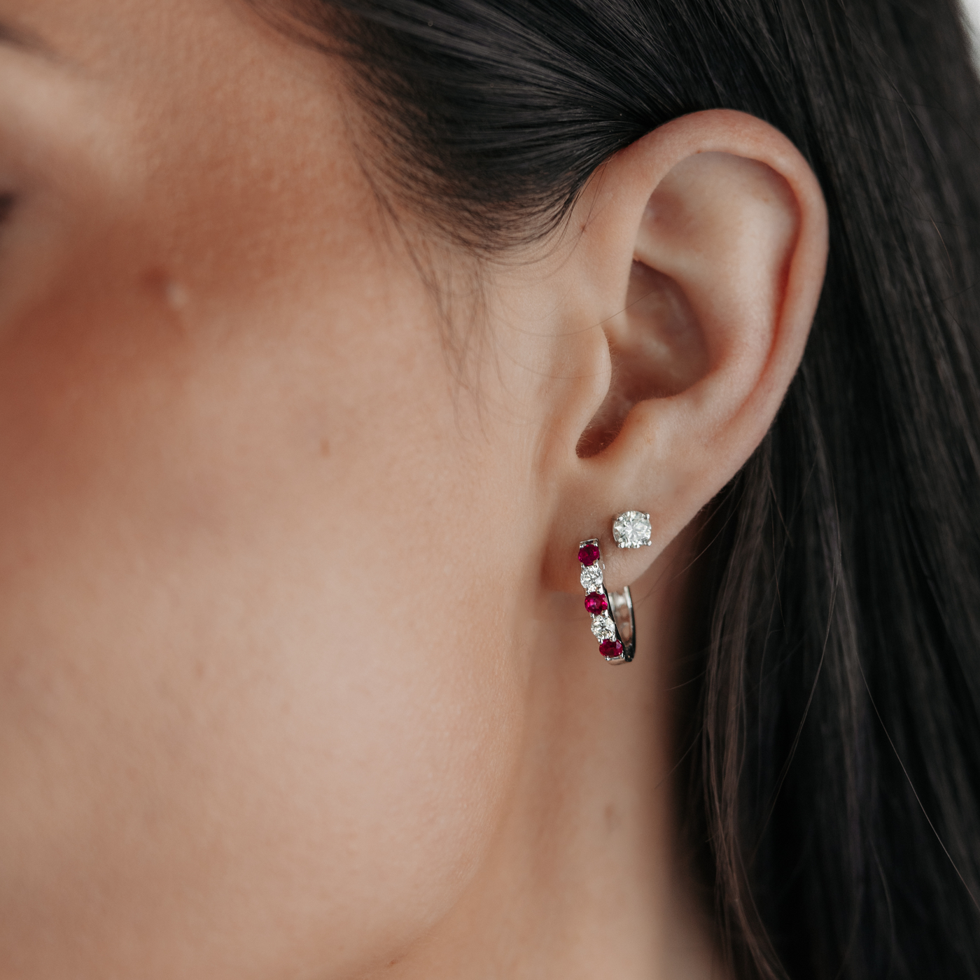 ruby and diamond huggie hoop earrings