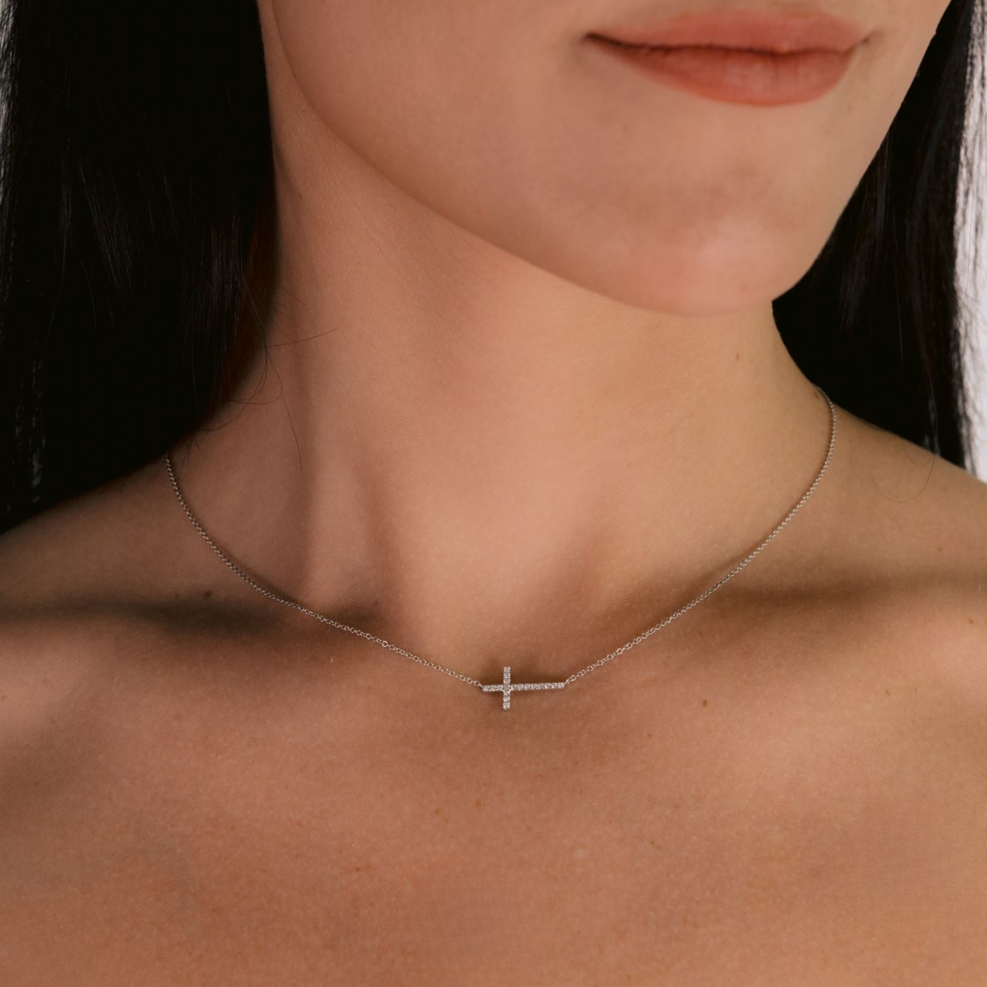 East West Diamond Cross Necklace