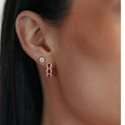 ruby and diamond halo huggie hoop earrings