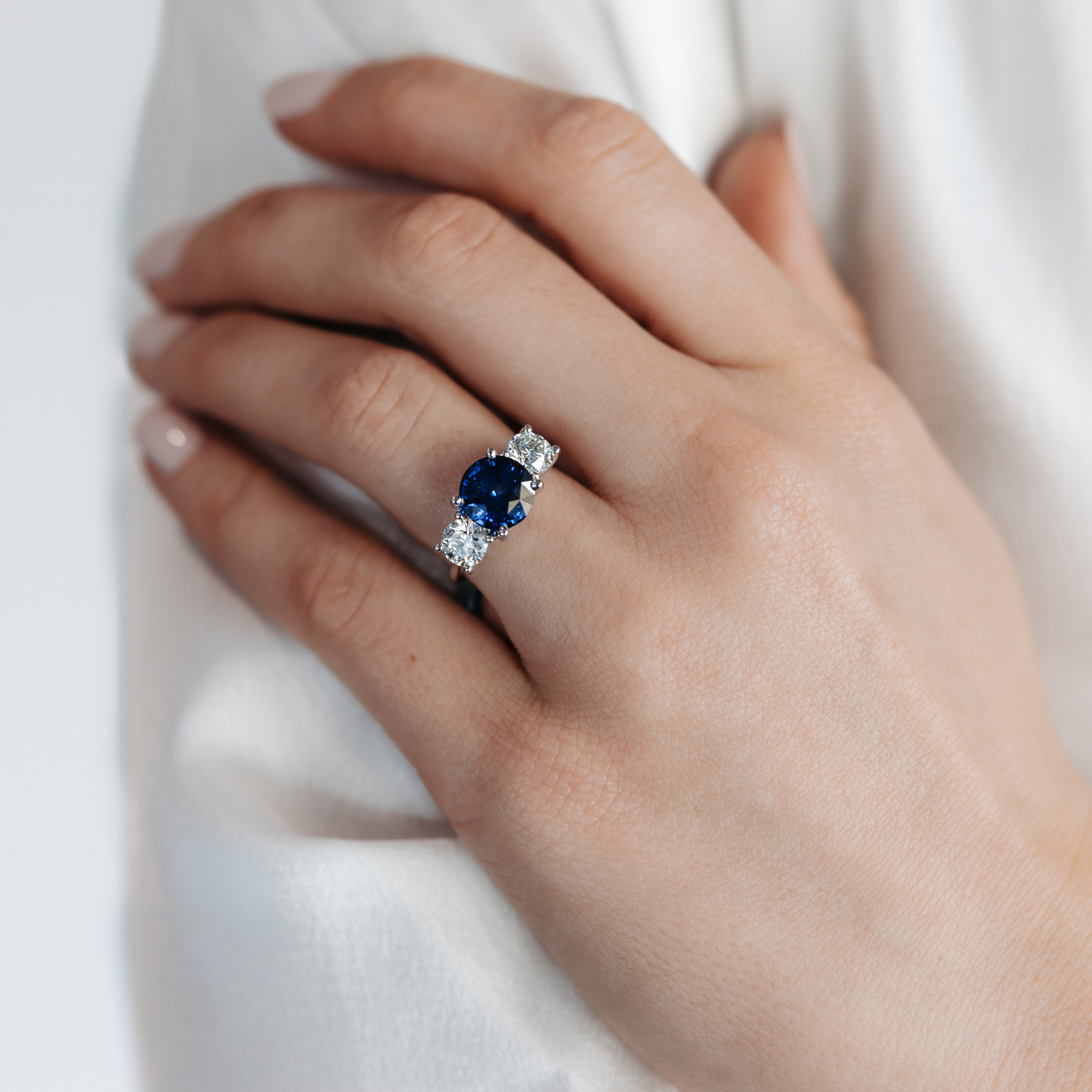 sapphire and diamond three stone cocktail ring