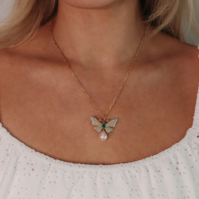 0.30CT Emerald, Ruby & Pearl Butterfly Charm