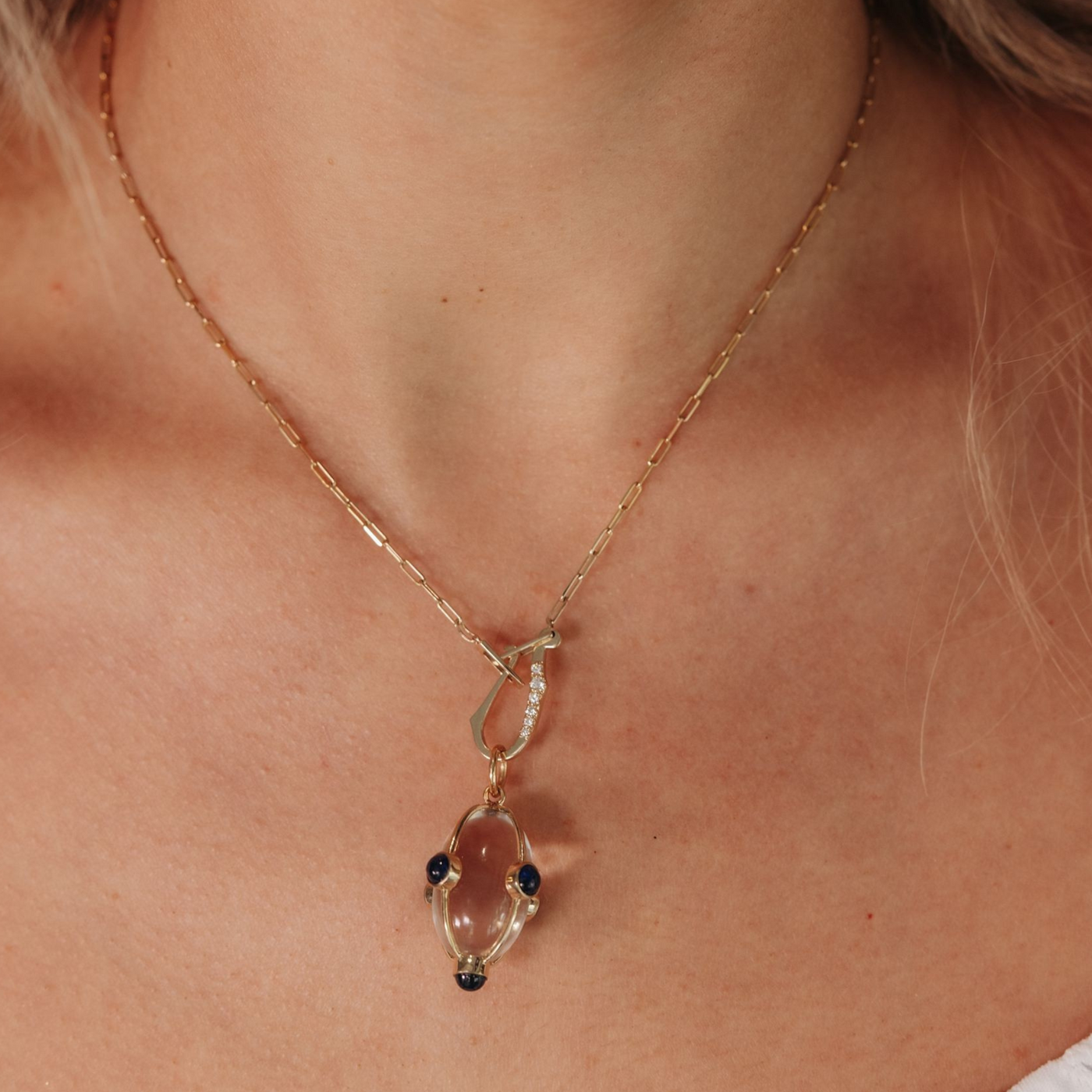 Rock Crystal Blue Sapphire Charm