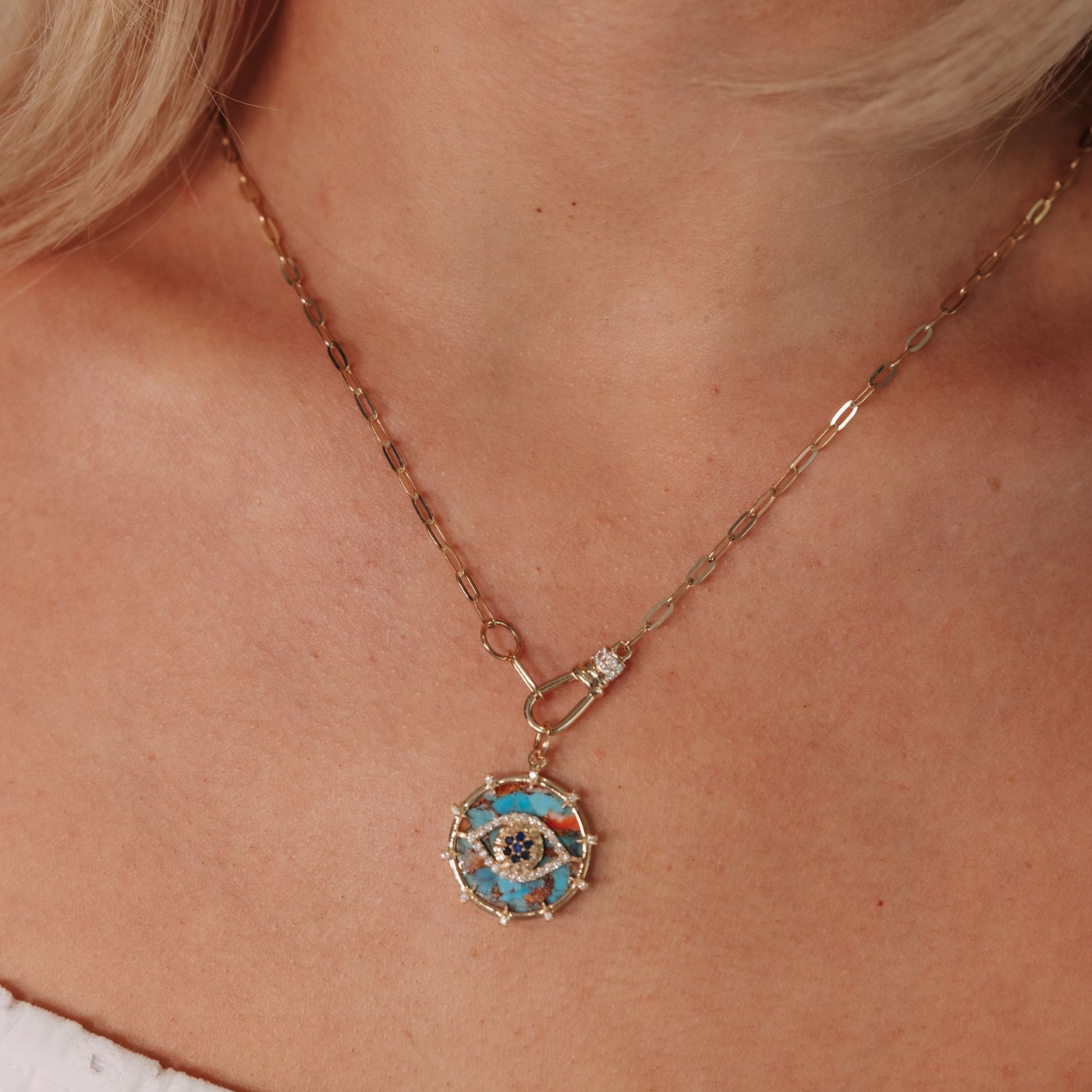 0.23CT Diamond, Blue Sapphire & Turquoise Evil Eye Charm