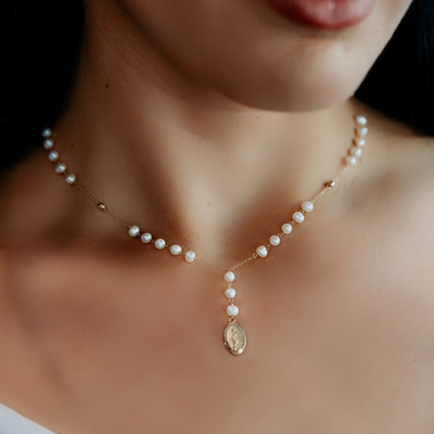 Rosary style Mary medallion pearl necklace