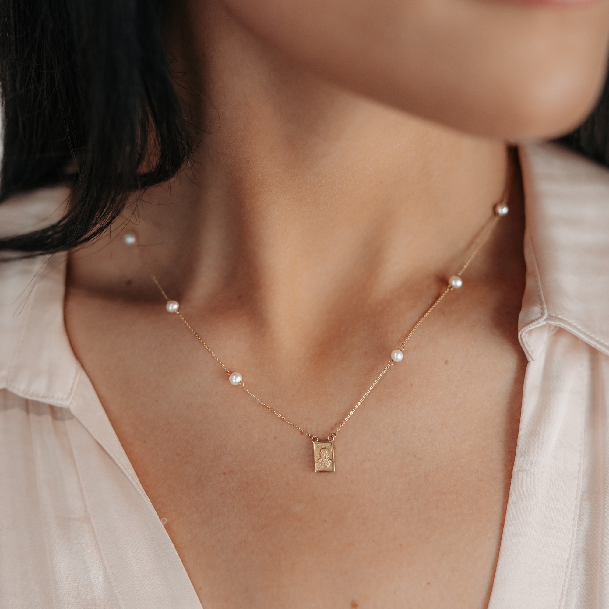 gold and pearl scapular necklace