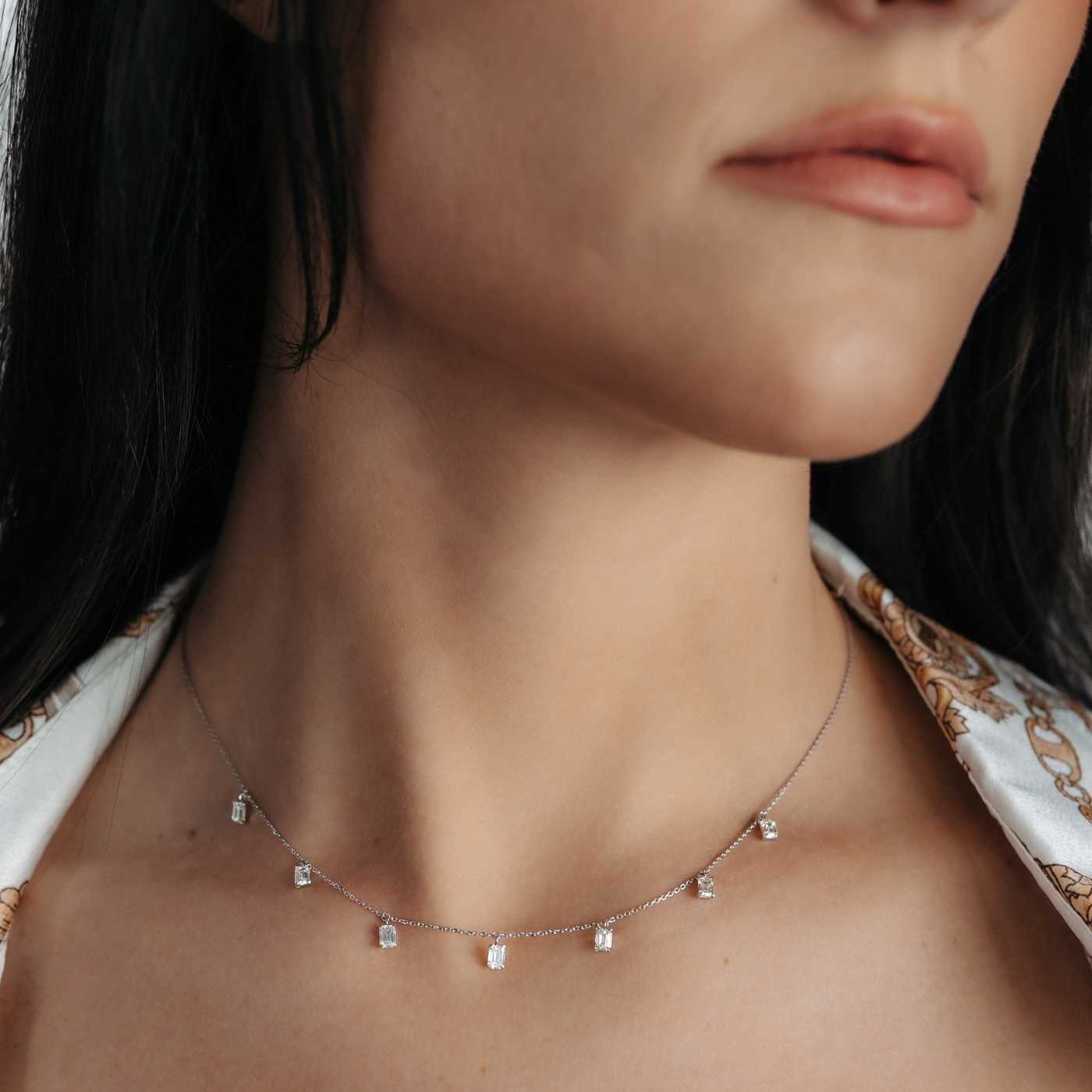 emerald cut diamond drops by the yard necklace