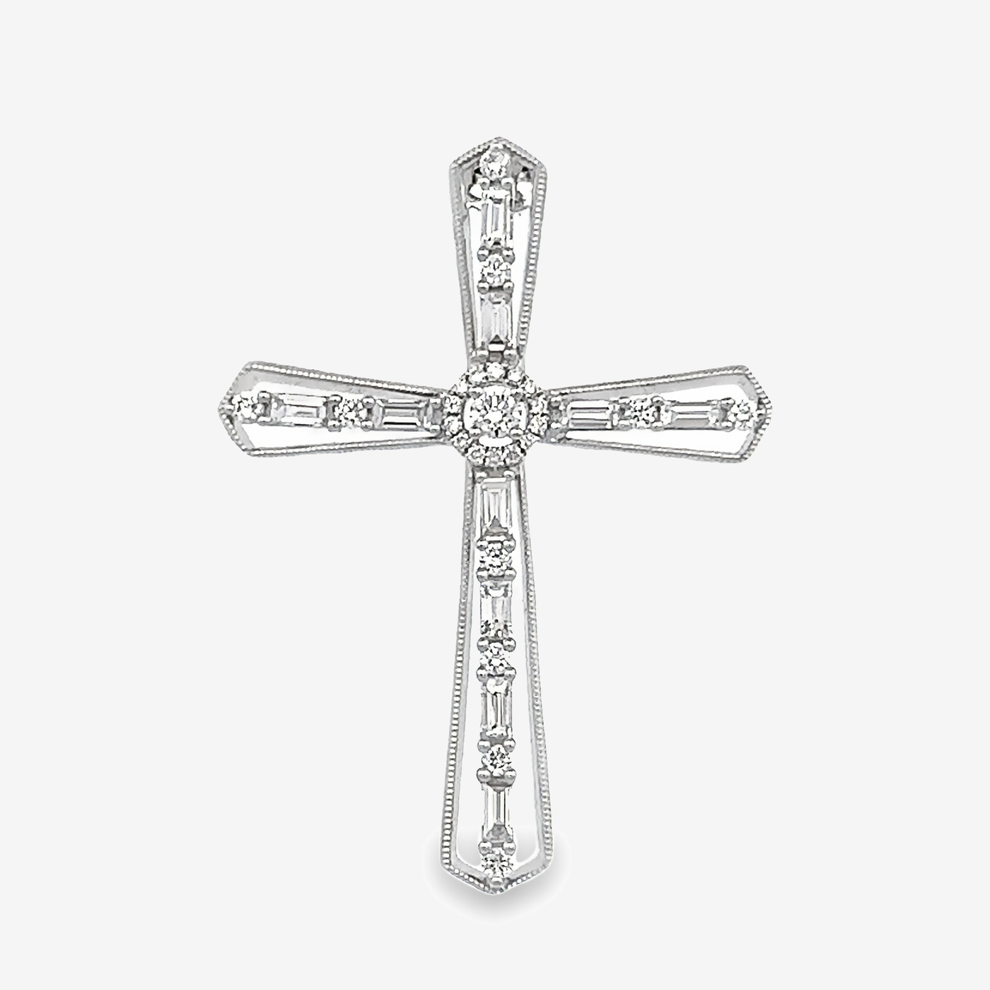 baguette and round diamond cross neckalce