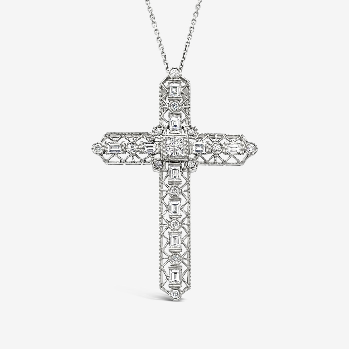 diamond and white gold filigree cross pendant 