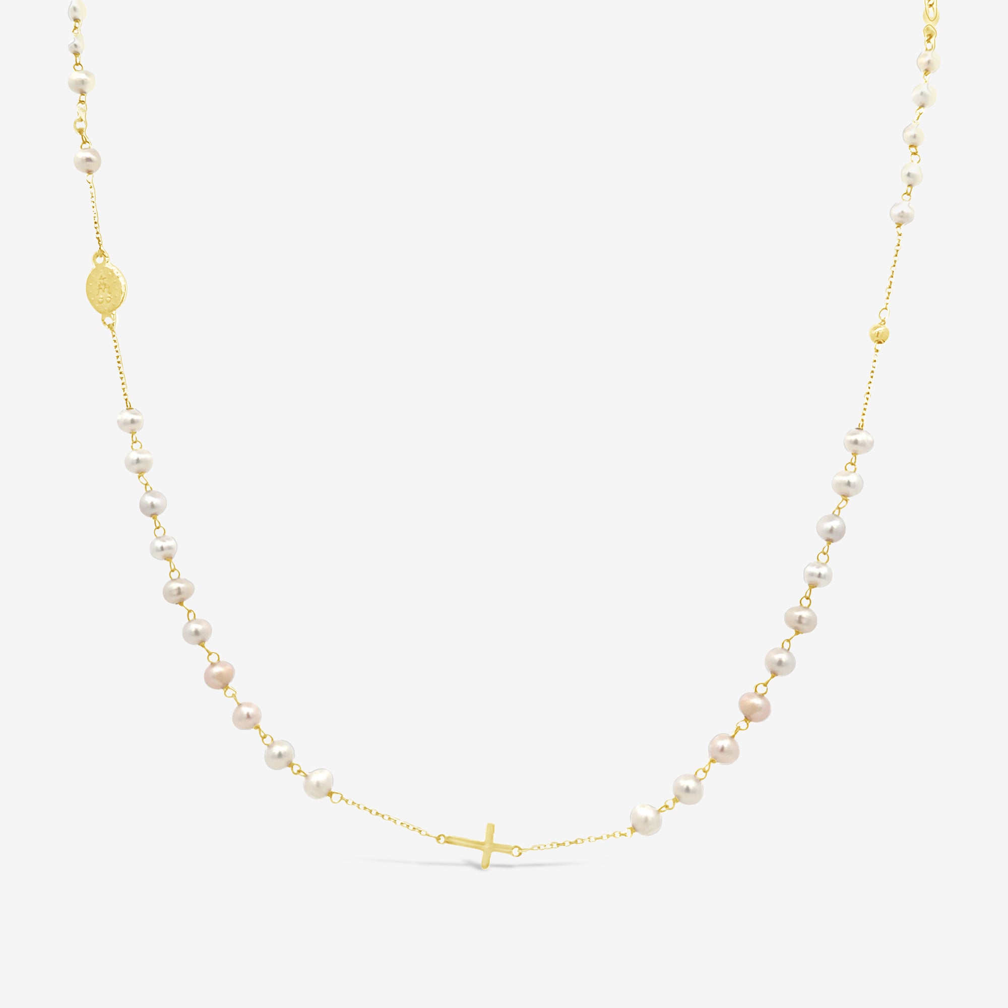 rosary style pearl necklace with miraculous medal and cross